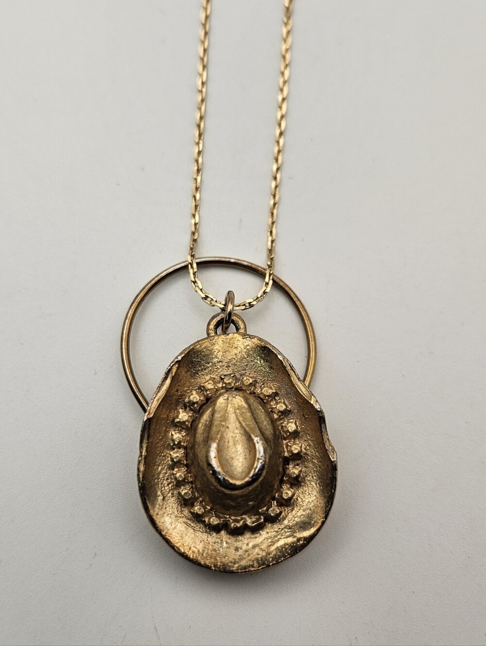 Vintage Gold Tone Cowboy Hat Eyeglass Holder Necklace Western Pendant Glasses
